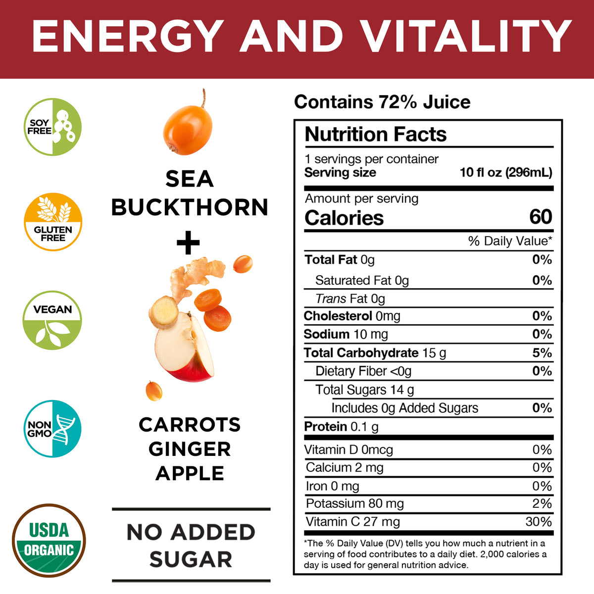 Miracle Sea Buckthorn ENERGIZE Juice, Organic Apple Carrot Ginger, 6-Pack